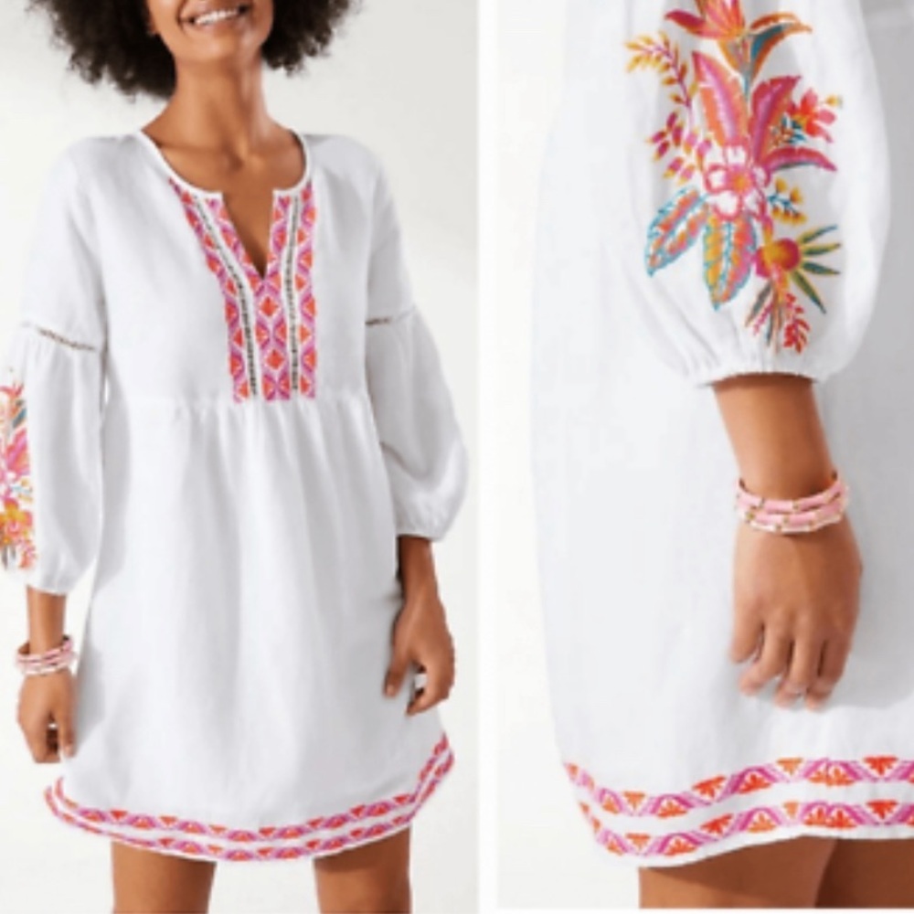 Tommy Bahama White Mini Dress with Pink & Orange Embroidery Trim